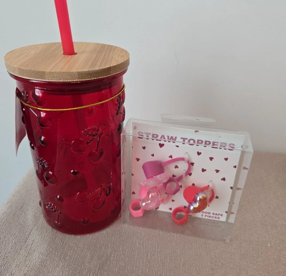 Cherry embossed Glass Tumbler with Bamboo Lid & 3‑Piece Straw Topper Set